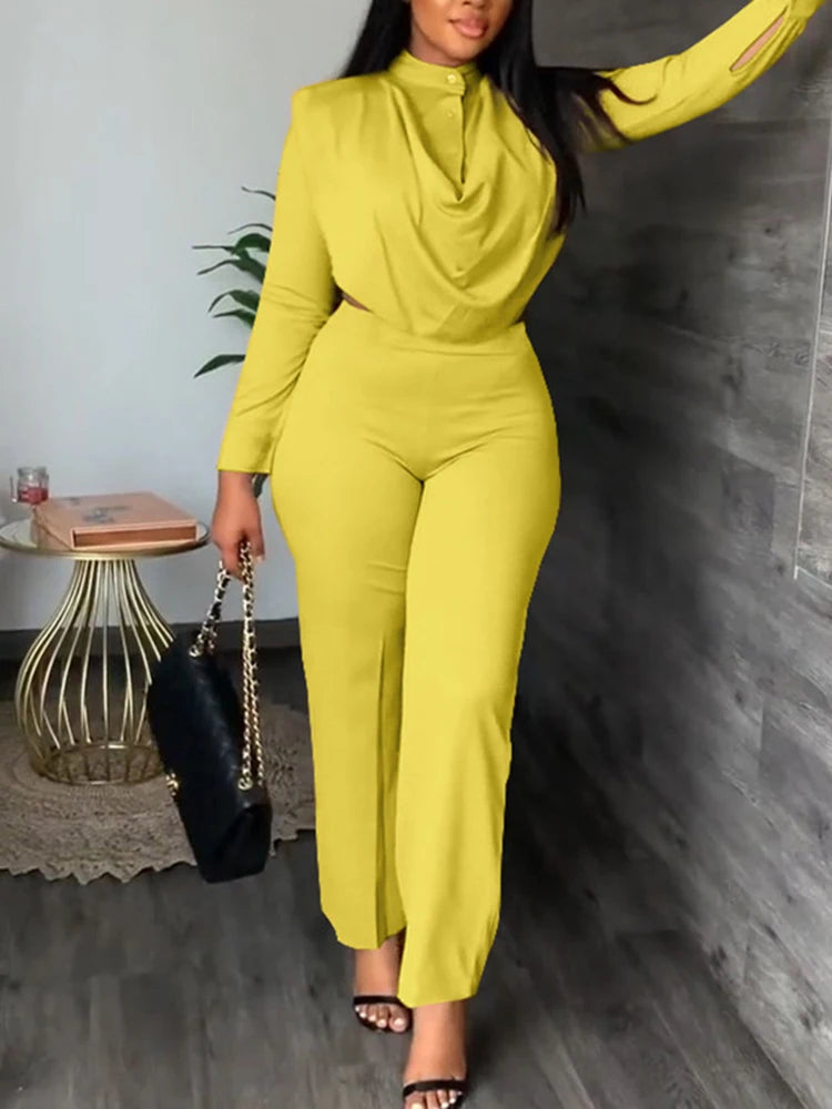 Sexy Off Waist Long Sleeve Shirt and Trousers
