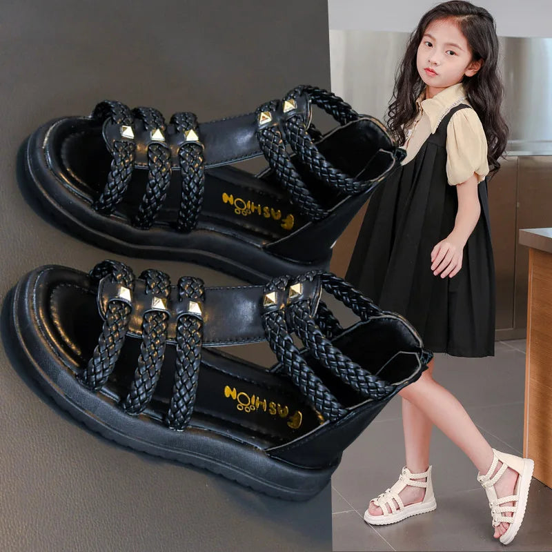 2024 Girls Roman Sandals Open Toe Braided Solid Colour -Ryan fashion product