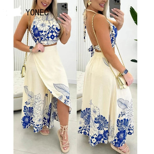 Women All over Print Lace Up Halter Backless Crop Tops & Skirt -Ryan fashion product