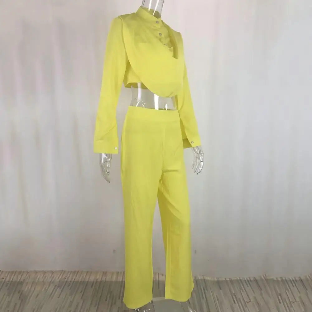 2 Pcs female/Set Shirt Pants Suit Print Single-breasted Stand Collar Long Sleeve -ryan fashion product