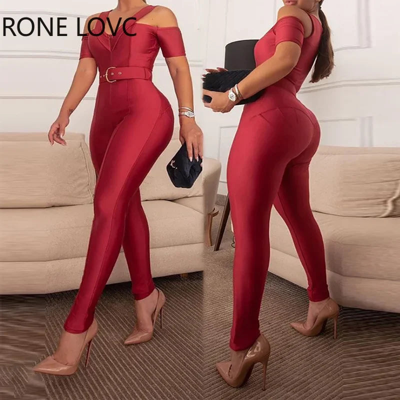 Women Solid Zipper Cold Shoulder Short Sleeves Skinny Red Jumpsuits -Ryan fashion product