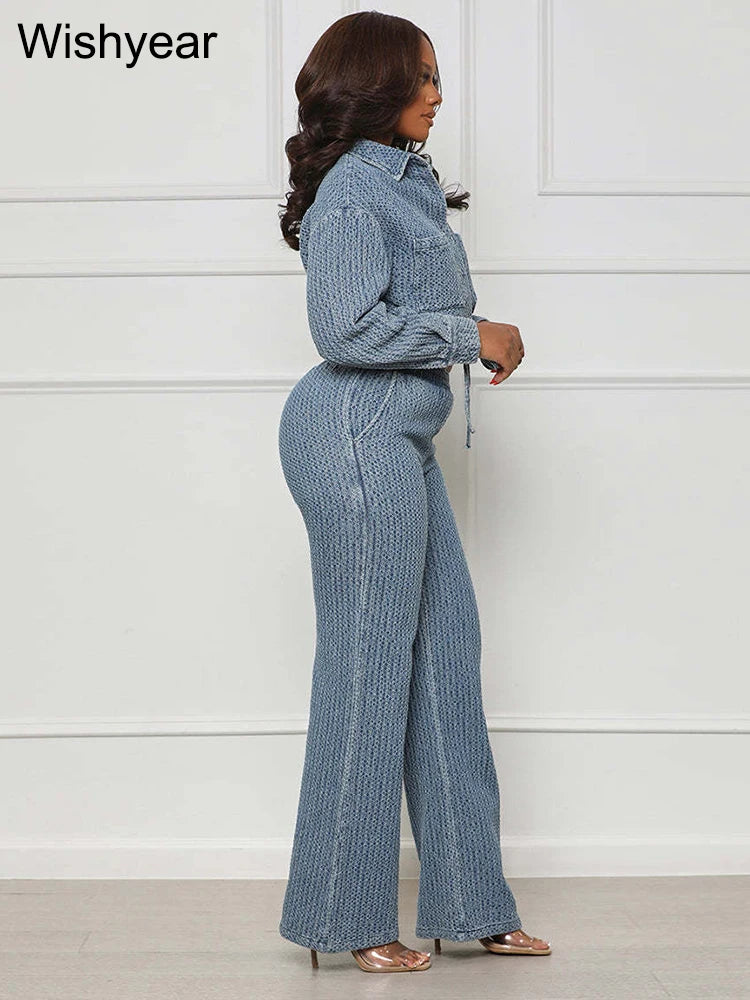 Elegant Denim Two Piece Set Women Long Sleeve Buttons  Jackets -Ryan fashion product