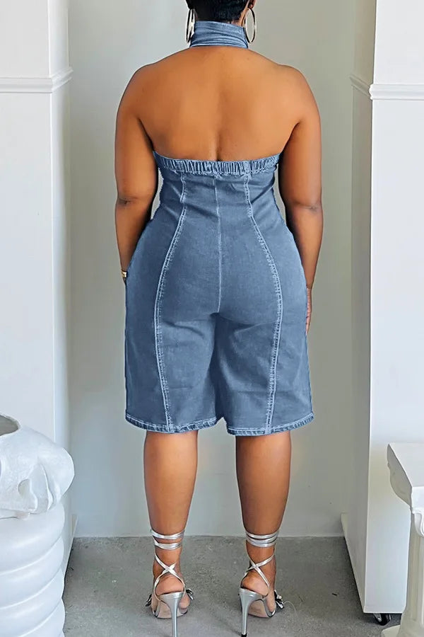 Women Fashion Sleeveless Sexy Halter Backless  Denim Jumpsuits-Ryan fashion product