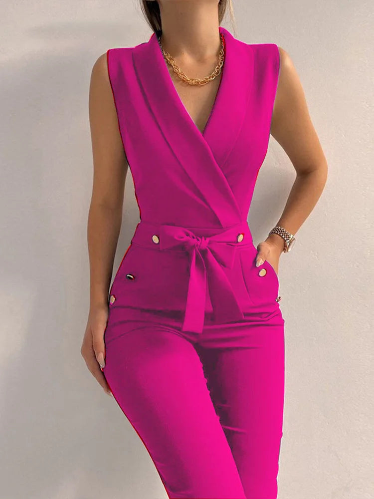Women Casual V Neck Jumpsuits Button Lace Up Sleeveless-Ryan fashion product